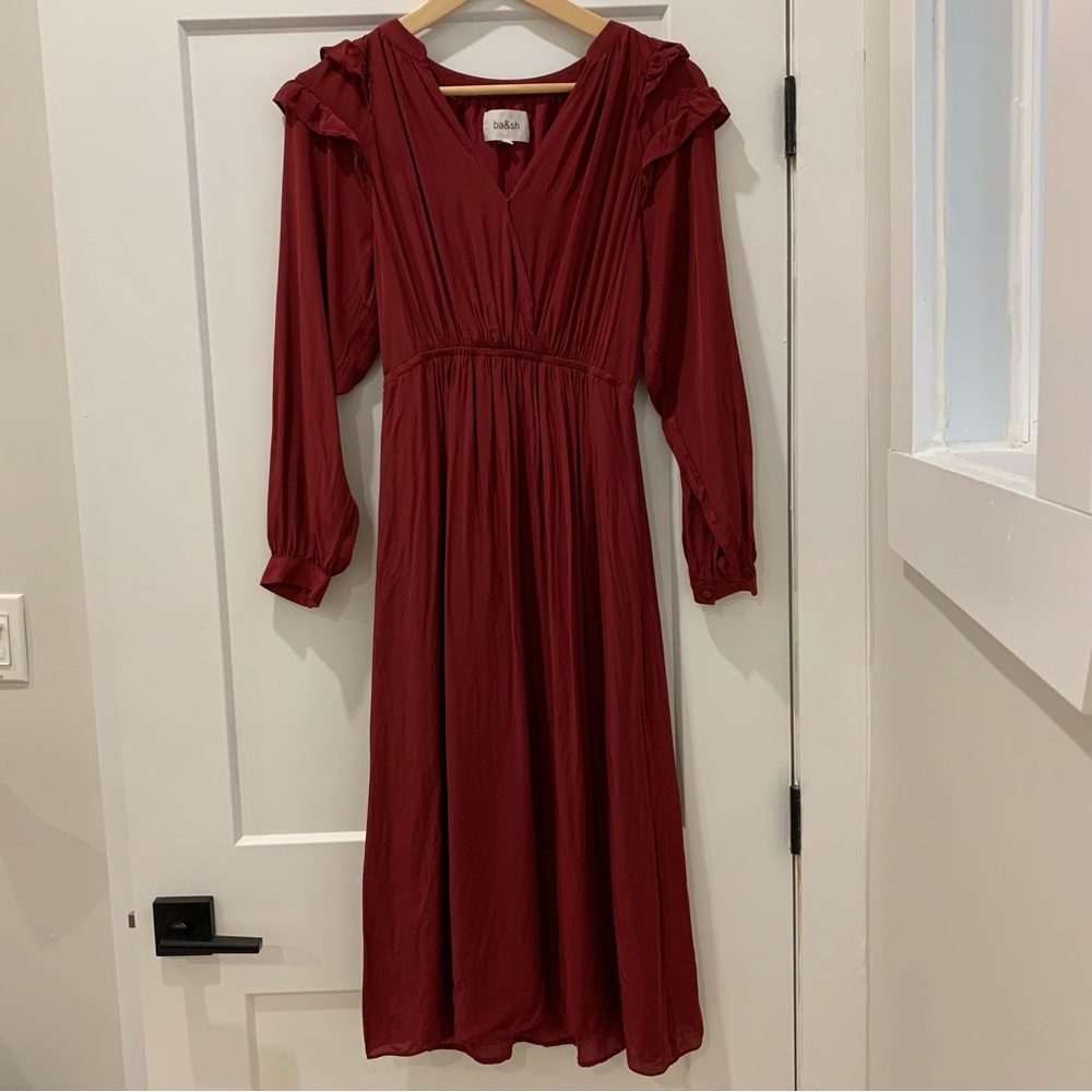 ba&sh Burgundy Midi Dress with Ruffle Shoulders - Picture 5 of 10